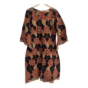 Handmade Nigerian African Ankara dress Medium Kimono Sleeve Orange Black Floral